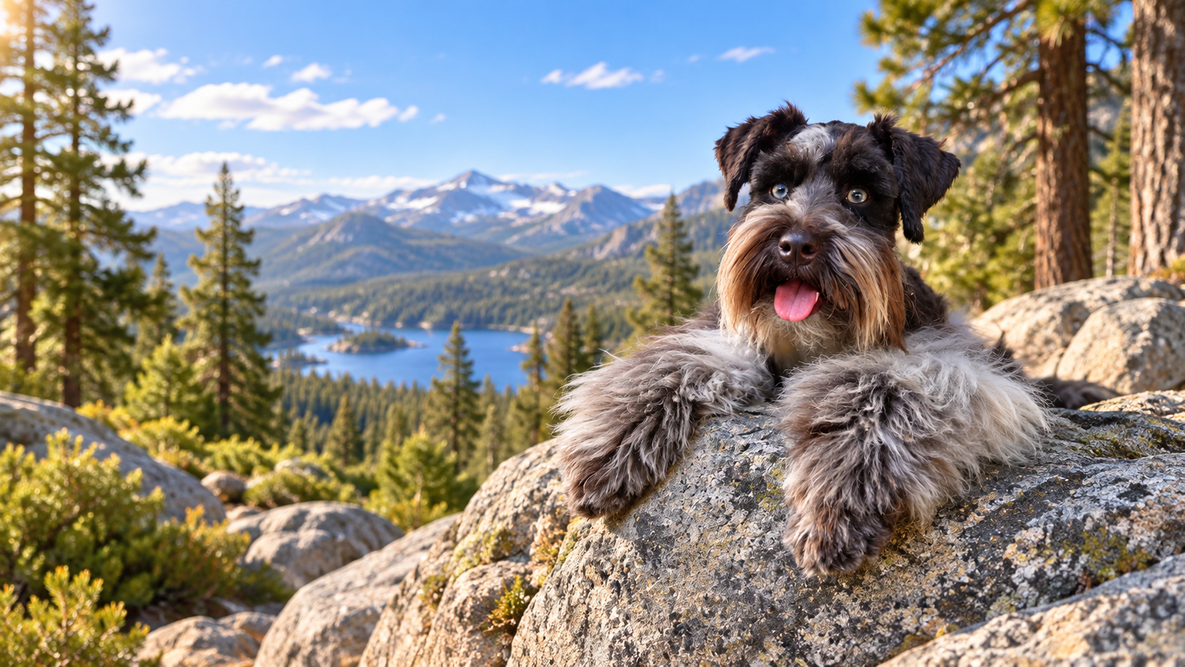 Miniature Schnauzer resting on a granite boulder above a Northern California alpine lake